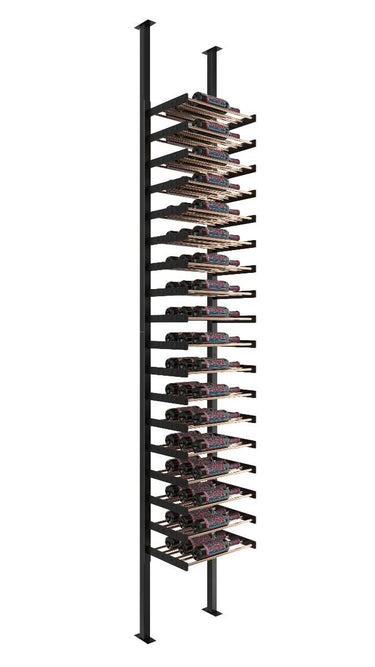 Tall black wine rack with multiple shelves on a white background