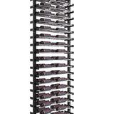 Tall black metal wine rack with multiple shelves on a white background