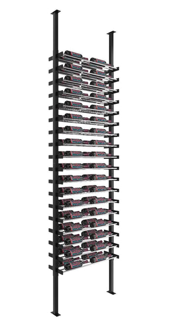 Tall black metal wine rack with multiple shelves on a white background
