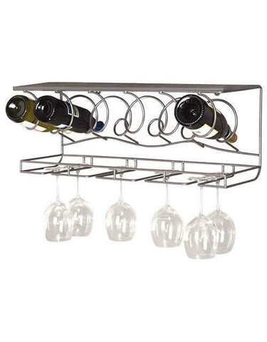Wine rack with bottles and glasses on a white background