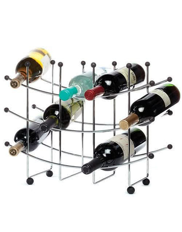 Metal wine rack holding six bottles of wine on a white background