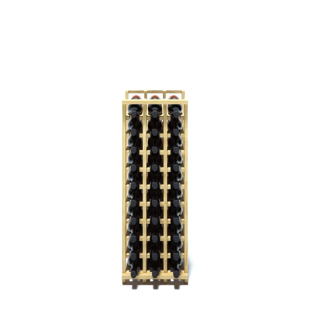 A 3 column pine wooden wine rack storing 30 bottles