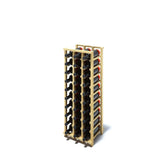 An angled 3 column pine wooden wine rack storing 30 bottles