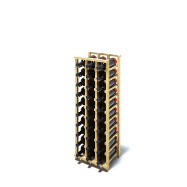 An angled 3 column pine wooden wine rack storing 30 bottles