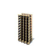 An angled 4 column pine wooden wine rack storing 40 bottles