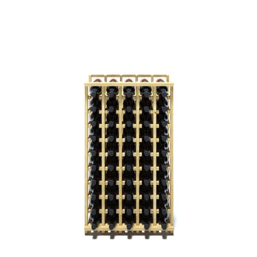 A 5 column pine wooden wine rack storing 50 bottles