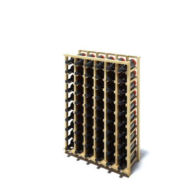 An angled 6 column pine wooden wine rack storing 60 bottles