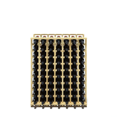 A 7 column pine wooden wine rack storing 70 bottles