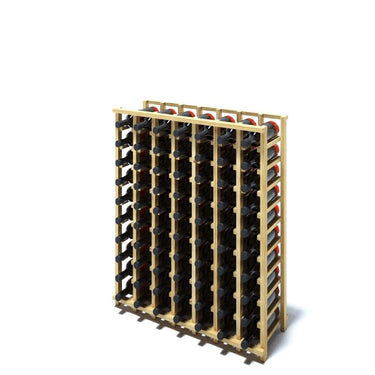 An angled 7 column pine wooden wine rack storing 70 bottles