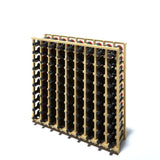 An angled 9 column pine wooden wine rack storing 90 bottles
