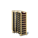 A rotated 4 column curved pine wooden wine rack storing 40 bottles