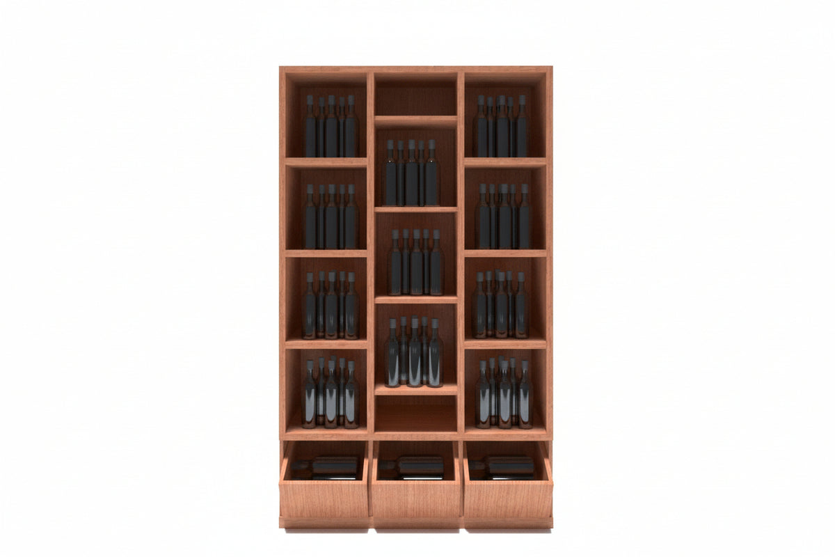 Wooden wine rack with multiple bottles on a white background
