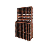 Wooden wine rack with multiple tiers on a white background