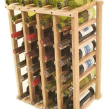 Wooden wine rack with bottles of various types and colors.